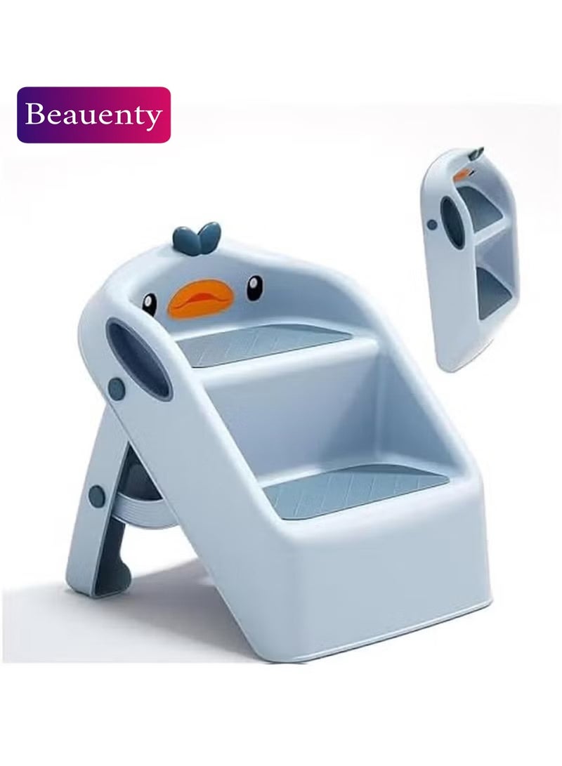 بيوينتي مقعد طيّار للأطفال الصغار متعدد الارتفاعات للمطبخ وحمام الحوض، درجات تواليت لتدريب على القصرية، مقعد مساعد مزدوج الارتفاع 11 للمطبخ، سلالم بلاستيكية بمقابض، مقاعد قدم للحضانة (أزرق) - Image 1